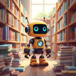 niedlicher, freundlicher roboter in einer bibliothek, kindlicher stil, fr&ouml;hlich, verspielt, bunte farben, kinderb&uuml;cher.jpg
